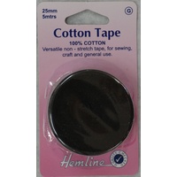 Hemline Cotton Tape, 25mm x 5 Metres, BLACK, Non-Stretch 100% Cotton