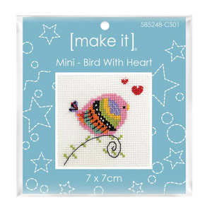 Make It BIRD WITH HEART Mini Cross Stitch Kit, 7cm x 7cm, 585248-CS01