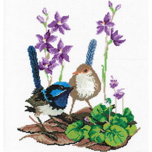 DMC Blue Wrens and Sun Orchids Cross Stitch Kit by Helene Wild 27 x 32.5cm
