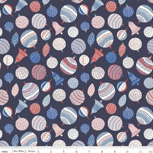 Liberty Merry &amp; Bright BAUBLE BONANZA NAVY 110cm Wide Cotton Fabric 5929B Per 25cm