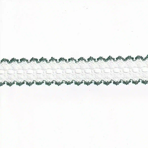 GREEN Edged White 37mm Feather Edge Eyelet Lace, Sold by the metre