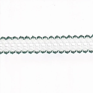 GREEN Edged White 37mm Feather Edge Eyelet Lace, Sold by the metre