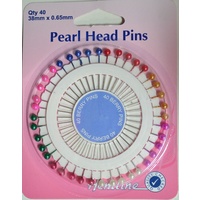 Hemline Pearl Head Pins 38 x 0.65mm, 40pcs Coloured Heads on Pin Wheel