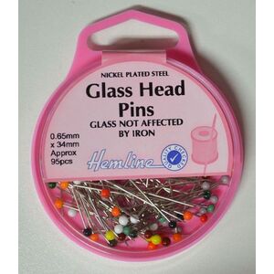 Hemline Glass Head Pins 34 x 0.65mm, Approx 95 Pins, Nickle Plated Steel, Re-usable box