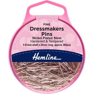 Hemline Dressmaker Pins, Hardened 26 x 0.61mm, Approx 380 Pins Nickle Plated