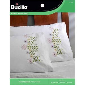 Bucilla Stamped Pillowcase Pair Embroidery Kit, Pink Flowers, 47934E