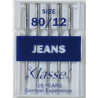 Klasse Sewing Machine Needles, JEANS Size 80 / 12, Pack of 5 Needles