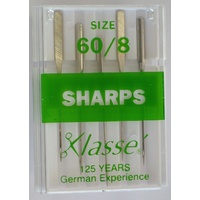Klasse Sewing Machine Needles, SHARPS Size 60 / 8, Pack of 5 Needles