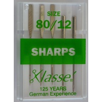 Klasse Sewing Machine Needles, SHARPS Size 80 / 12, Pack of 5 Needles