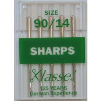 Klasse Sewing Machine Needles, SHARPS Size 90 / 14, Pack of 5 Needles