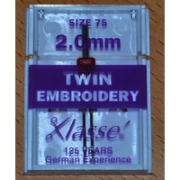 Klasse Sewing Machine Needle, TWIN EMBROIDERY 2.0mm 75/11, Pack of 1 Needle