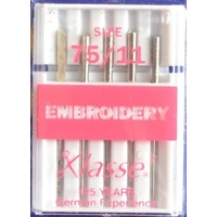 Klasse Sewing Machine Needles, EMBROIDERY Size 75 / 11, Pack of 5 Needles