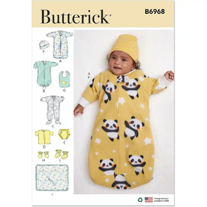 Infants' Bunting, Jumpsuit, Shirt, Diaper Cover, Hat, Bib, Mittens, Booties &amp; Blanket, Butterick Sewing Pattern 6968A