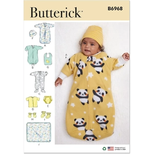 Infants' Bunting, Jumpsuit, Shirt, Diaper Cover, Hat, Bib, Mittens, Booties &amp; Blanket, Butterick Sewing Pattern 6968A
