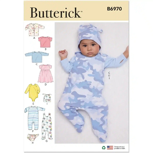 Infants' Jacket, Tops, Dress, Rompers, Diaper Cover and Hat, Butterick Sewing Pattern 6970A