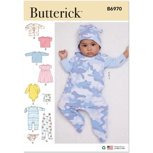 Infants' Jacket, Tops, Dress, Rompers, Diaper Cover and Hat, Butterick Sewing Pattern 6970A