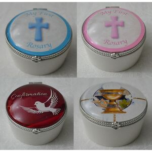 Porcelain Rosary Box, 60mm Diameter, 40mm High, Hinged Lid, Select Style