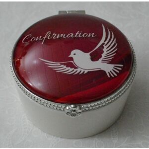 Confirmation Porcelain Rosary Box, 60mm Diameter, 40mm High, Hinged Lid