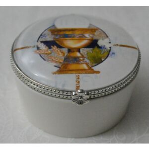 Communion Porcelain Rosary Box, 60mm Diameter, 40mm High, Hinged Lid