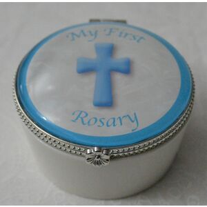 My First Rosary Porcelain Box, Blue, 60mm Diameter, 40mm High, Hinged Lid