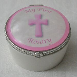 My First Rosary Porcelain Box, Pink, 60mm Diameter, 40mm High, Hinged Lid