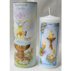 Baptism Pillar Candle In a Decorative Tin, 65 x 175mm, Candle 60mm Dia x 140mm