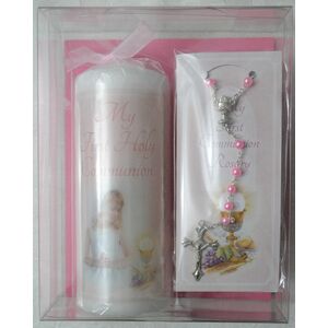 Communion Candle W Pearl Rosary, Girl. Candle Measures 55mm Diameter x 140 High