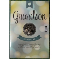 Grandson, Card &amp; Lucky Coin, 115 x 170mm, Luck Coin 35mm, A Beautiful Gift