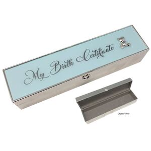 Birth Certificate Box - Blue Metal, 243mm Long, Beautiful Item CH6140B