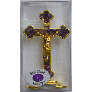Standing 75mm AMETHYST Gem Stone Crucifix, Gold Tone