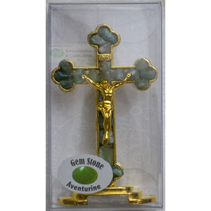 Standing 75mm AVENTURINE Gem Stone Crucifix, Gold Tone