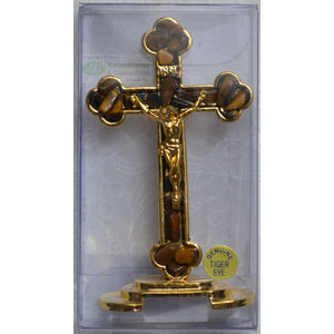Standing 75mm TIGER EYE Gem Stone Crucifix, Gold Tone
