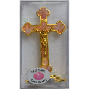 Standing 75mm ROSE QUARTZ Gem Stone Crucifix, Gold Tone