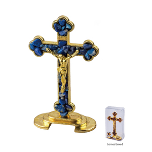 Standing 75mm SODALITE Gem Stone Crucifix, Gold Tone