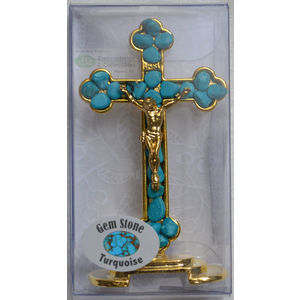 Standing 75mm TURQUOISE Gem Stone Crucifix, Gold Tone