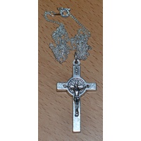 St Benedict Crucifix, 40mm Silver Tone Metal, With 52cm Fine Silver Plated Chain