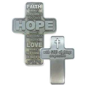 Metal Pocket Cross - Faith Hope Love, 42 x 59mm