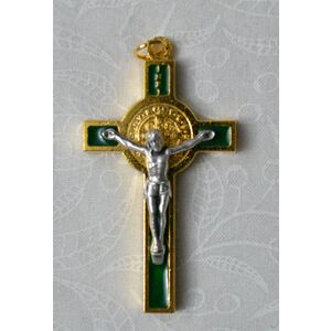 St Benedict Crucifix, All Metal With GREEN Enamel Inlay 60mm x 30mm