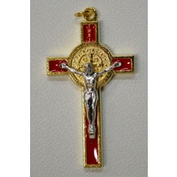 St Benedict Crucifix, All Metal With Red Enamel Inlay 60mm x 30mm