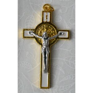 St Benedict Crucifix, All Metal With WHITE Enamel Inlay 60mm x 30mm