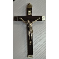 Wall Crucifix Metal Backed Dark Wood Cross, Metal Corpus, Quality Made In Italy