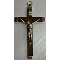 Wall Crucifix Metal Backed Brown Wood Cross Metal Corpus 110 x 65mm