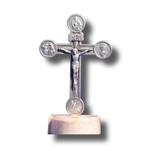 Standing Metal Crucifix on Resin Water Font, 110mm x 67mm