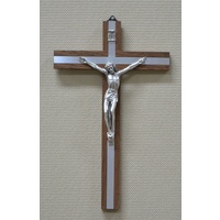 25cm Wall Crucifix, Metal Corpus, Wood Cross With Metal Inlay, Made in Italy