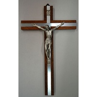 30cm Wall Crucifix, Metal Corpus, Wood Cross With Metal Inlay, Made in Italy