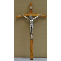 Olive Wood Wall Crucifix, Curved, Metal Corpus, 300mm x 140mm, Made in Italy