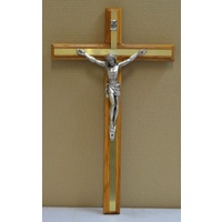 Olive Wood Wall Crucifix, Metal Inlay &amp; Corpus, 300 x 180mm, Made in Italy