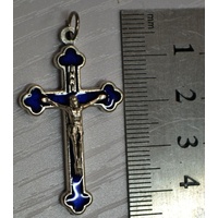 Crucifix, 40mm Blue Enamel On Metal Crucifix Pendant, Quality Item Made In Italy