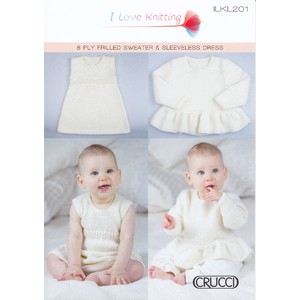 ILKL201 Knitting Pattern Baby 8 Ply Frilled Sweater and Sleeveless Dress