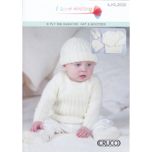 ILKL202 Knitting Pattern Baby 8 Ply Rib Sweater Hat and Booties